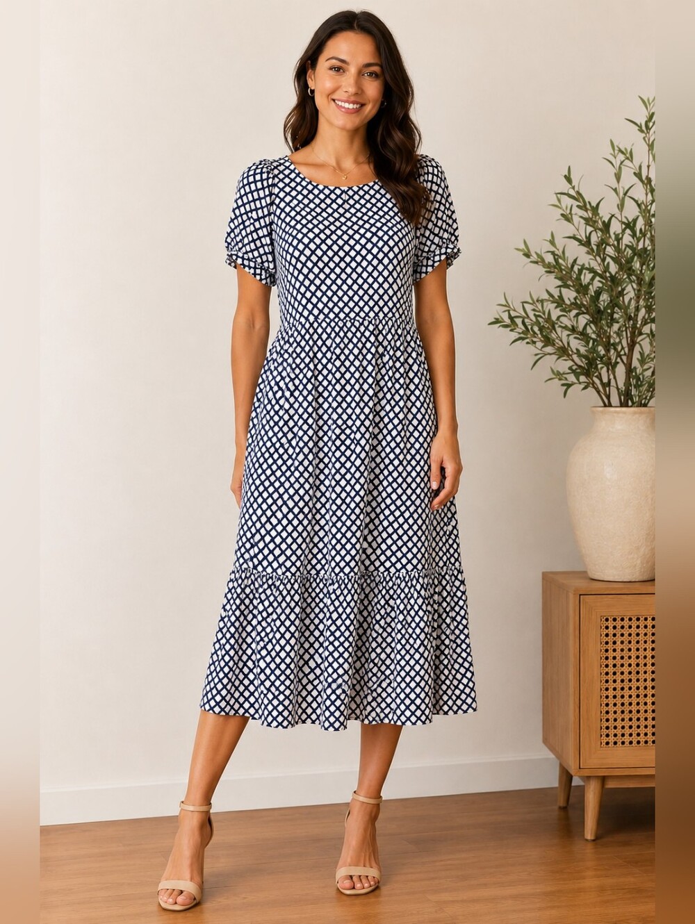 Autograph Women's 100% Viscose Navy and White Geometric Midi Dress Tiered 14